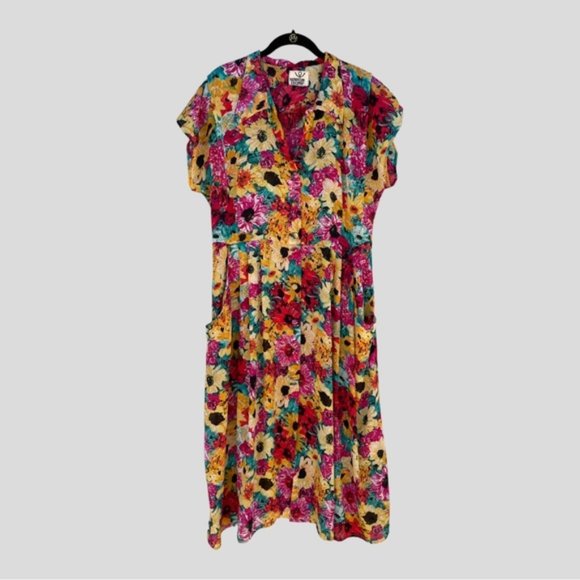 Stella Dottir Summer Floral Print Semi-Sheer Button-Down Midi Dress Size 8 - Picture 1 of 11